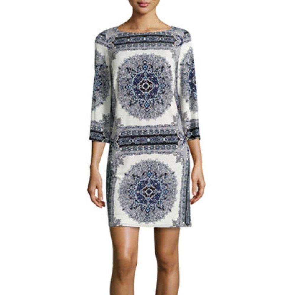Laundry by Shelli Segal Blue Scarf Print Midi Dress Blue White - Small